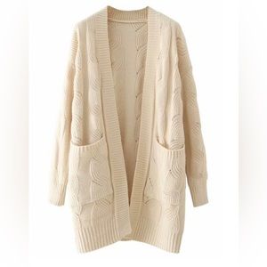 Cream Cable Knit Open Front Cardigan Pockets‎ Oversized Cozy Comfy Duster
